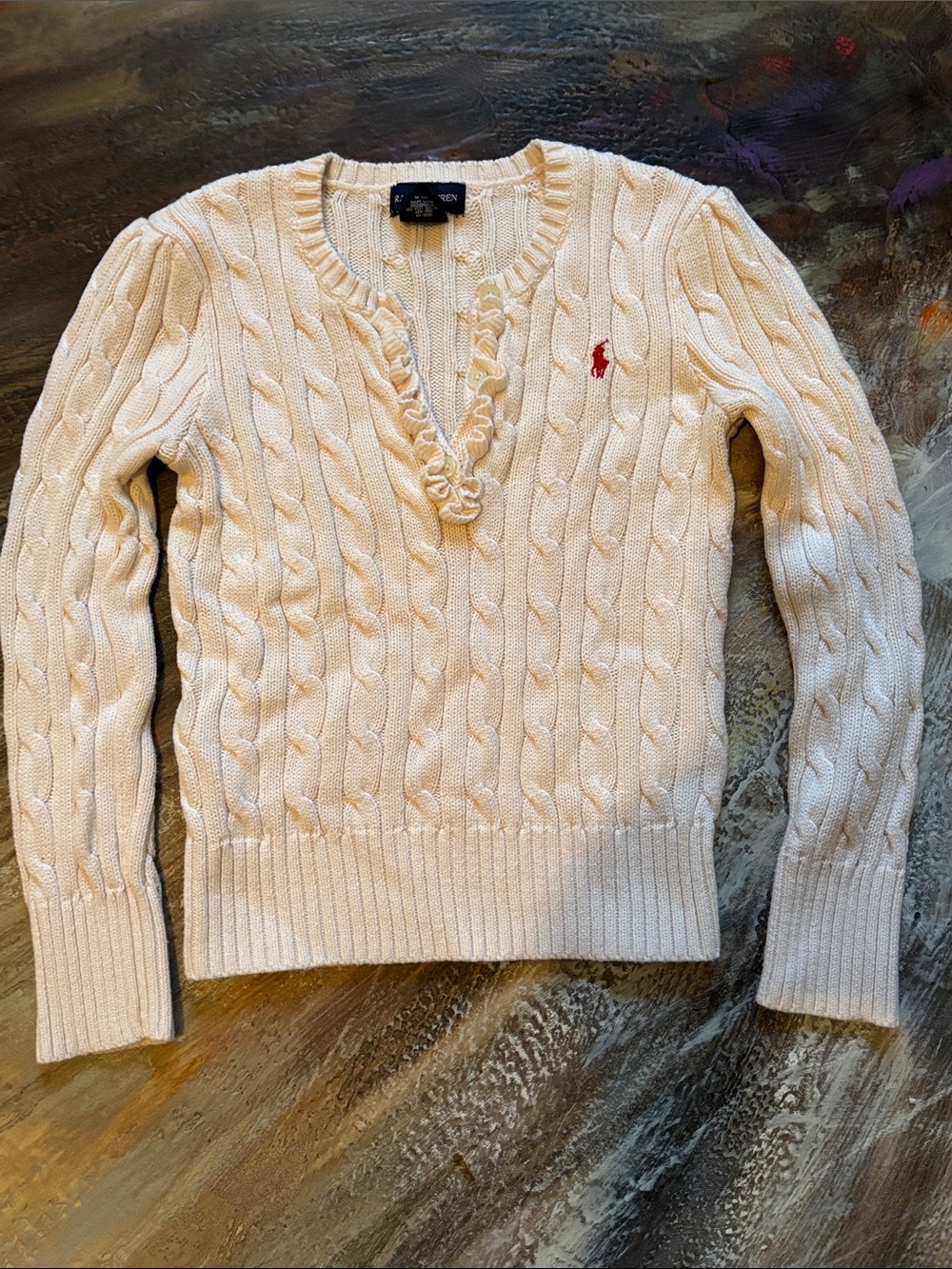 Ralph Lauren Cream Cable-Knit V-Neck Sweater with Fuchsia Pony